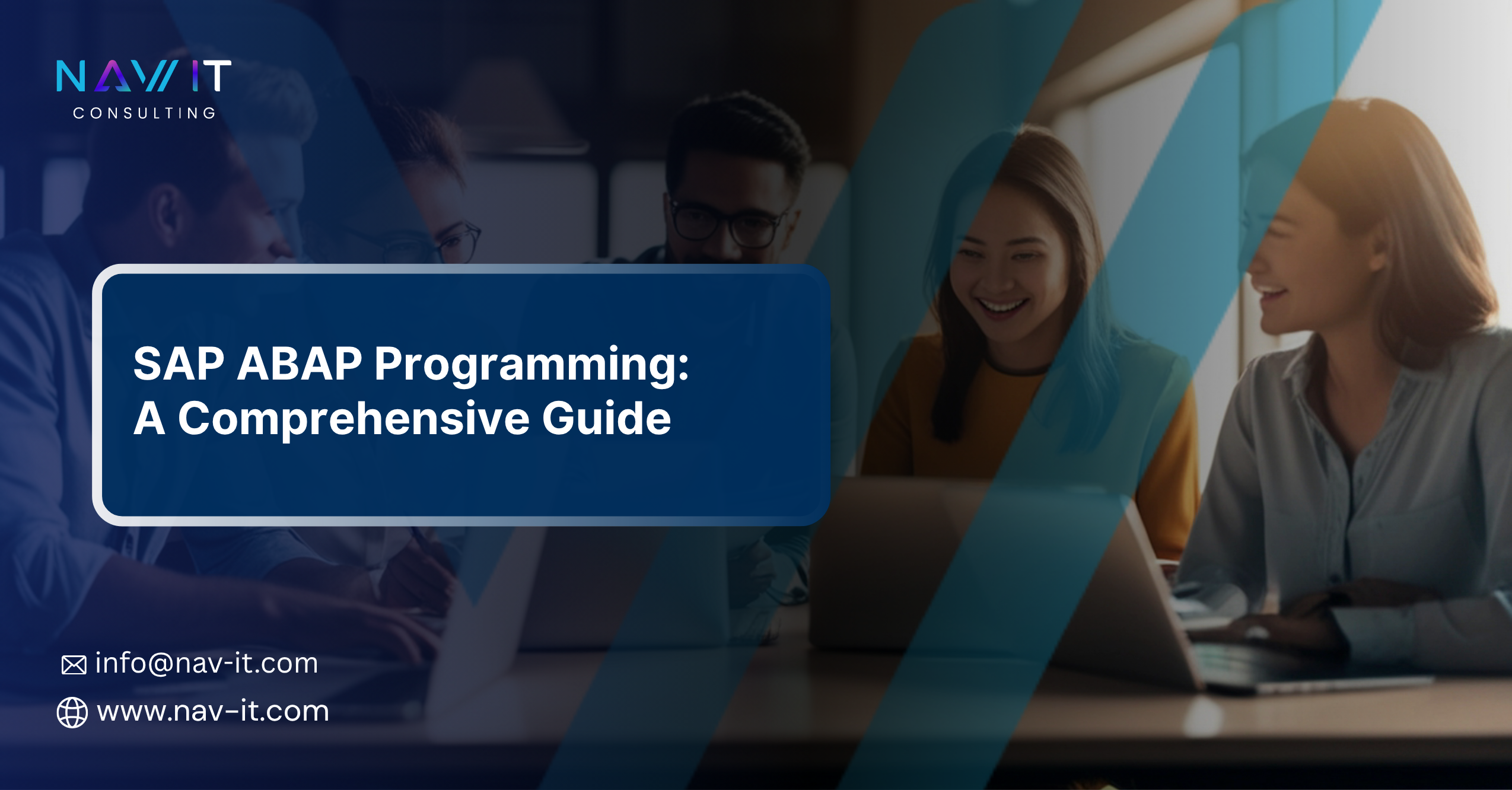 SAP ABAP Programming: A Comprehensive Guide cover image showing business professionals discussing SAP development concepts.