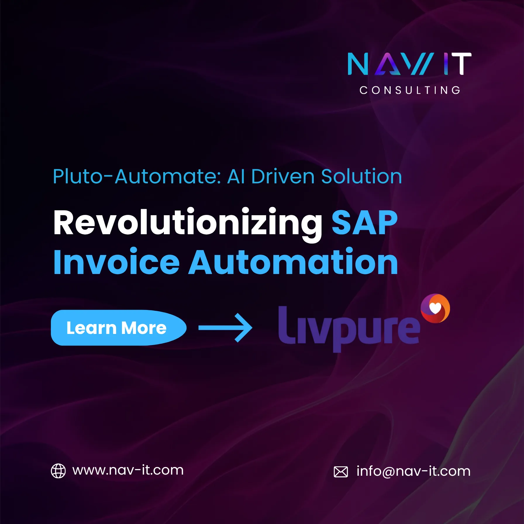 NAV IT Consulting banner promoting Pluto-Automate, an AI-driven SAP invoice automation solution for Livpure with a Learn More button and website link.